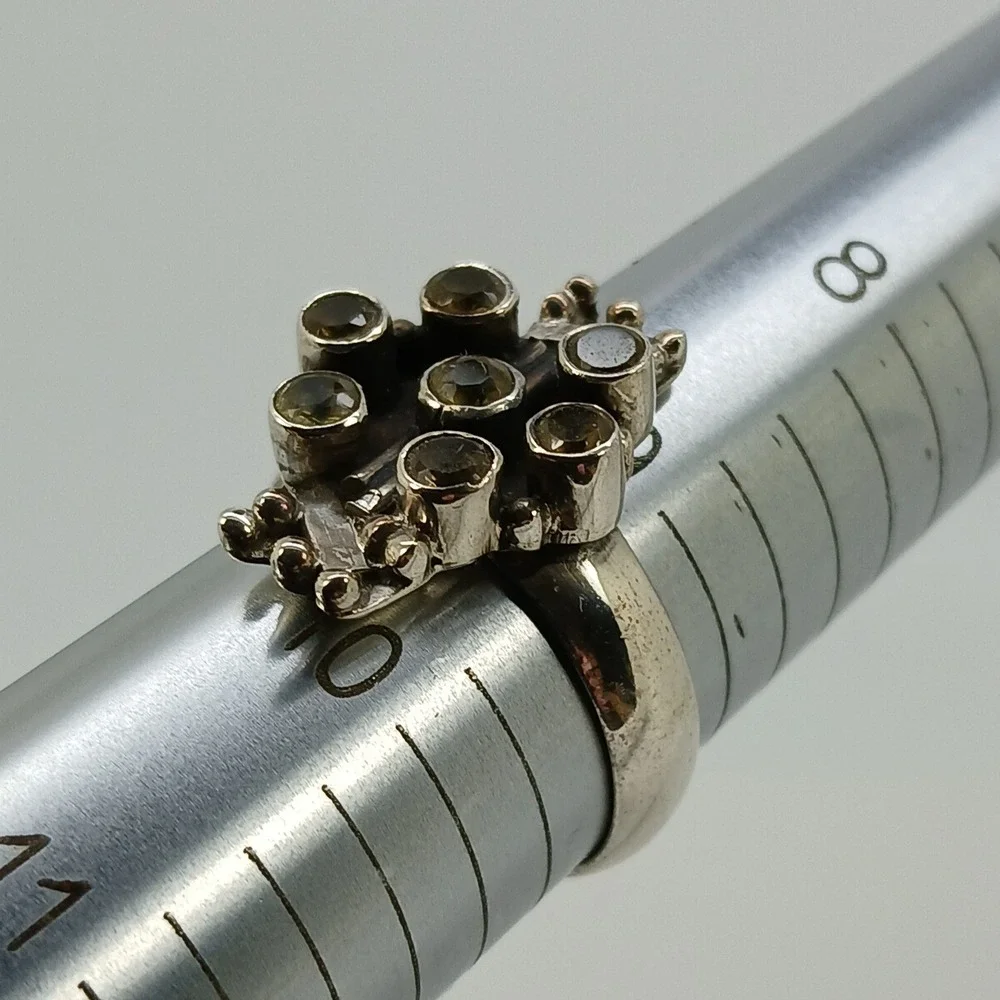 Artisan Crafted 925 Sterling Silver Citrine Cluster Ring Thailand 1990s Size 9.5